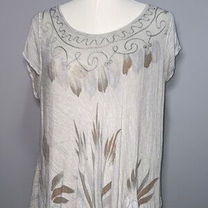 Cream Short Sleeve Embroidered Feather & Botanical Tunic
